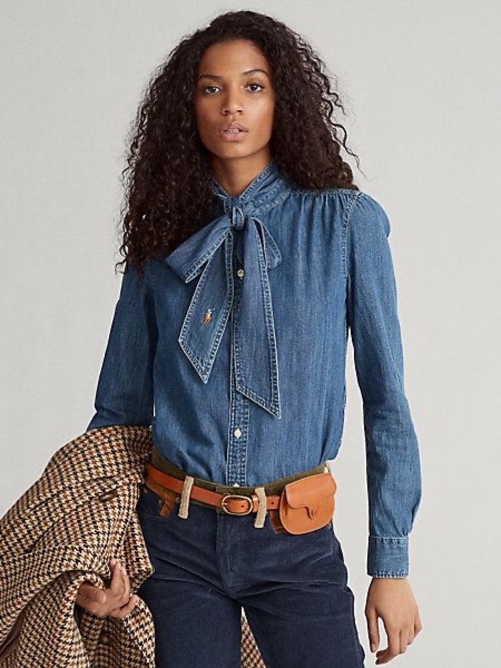 Polo Ralph Lauren Necktie Denim Shirt Bow Blouse Sz 0 - Picture 9 of 12